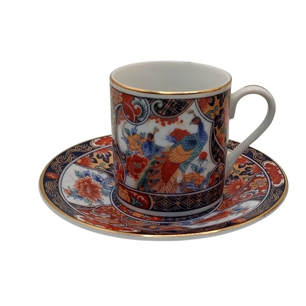 Vintage Japanese Imari Arita Demitasse‎ Cups Saucers Peacock Handmade Four Piece